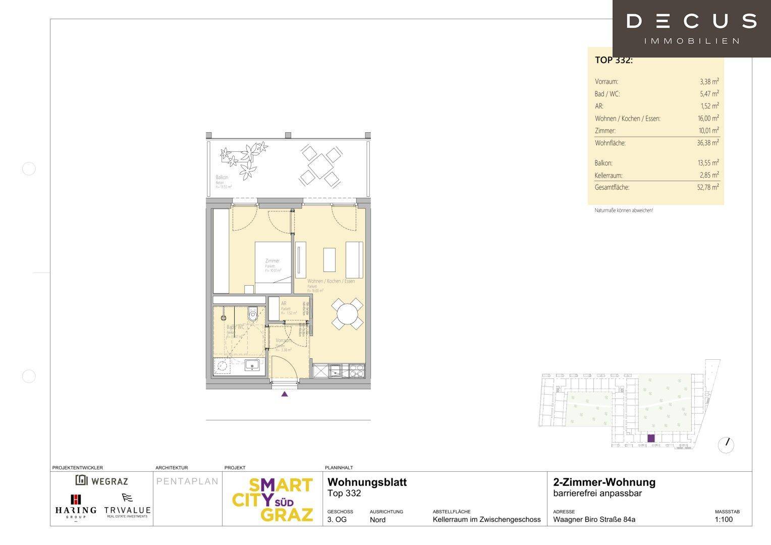 Grundriss einer 2-Zimmer-Wohnung mit Balkon und Kellerabteil, barrierefrei anpassbar.