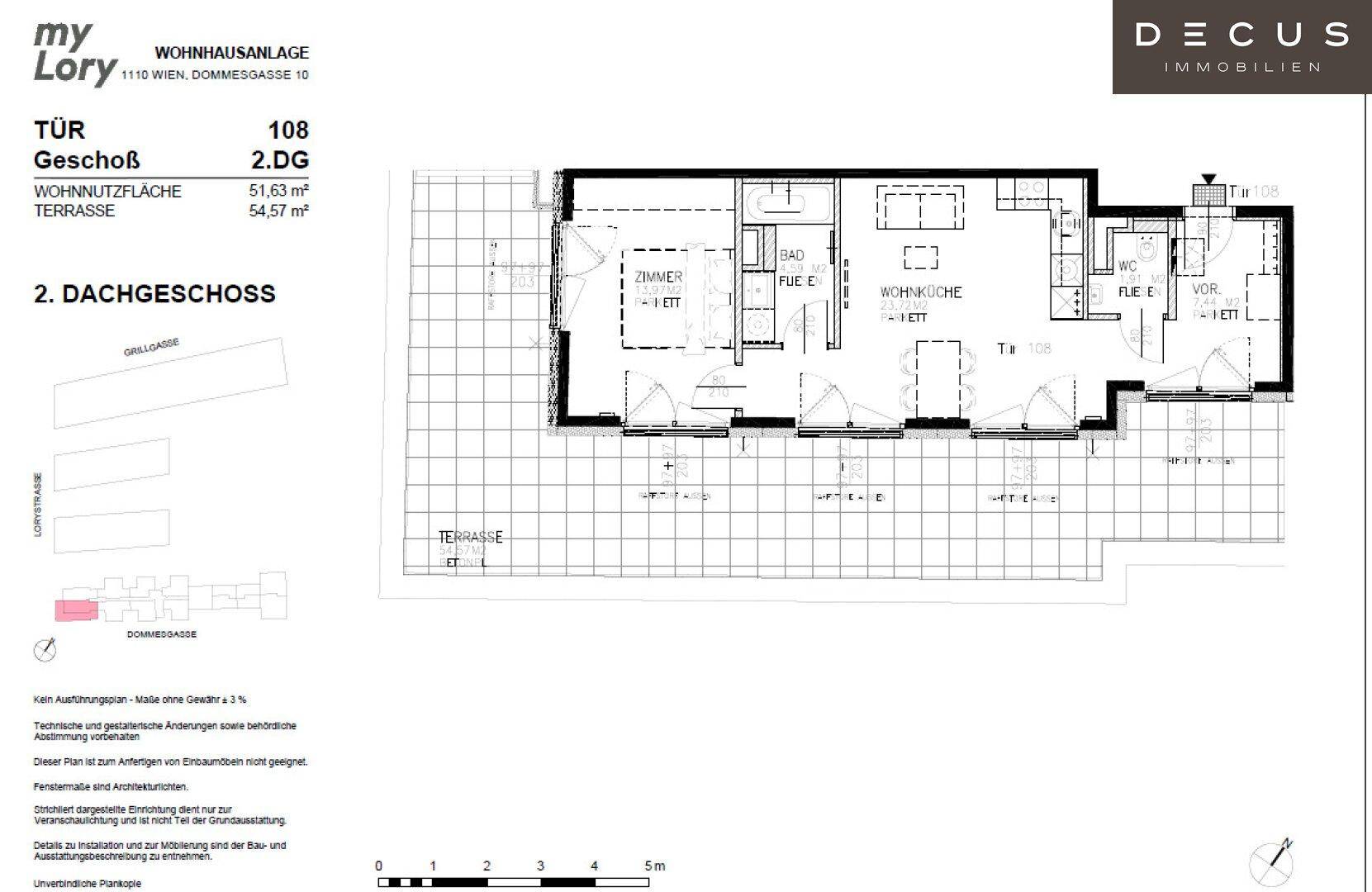 Grundriss der Wohnung im 2. Dachgeschoss mit Wohnküche, Bad und großer Terrasse.