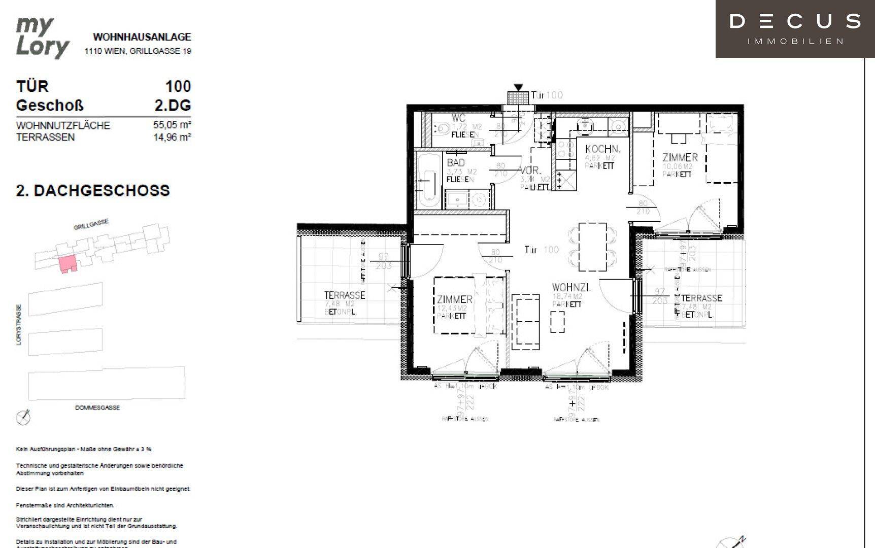 Grundriss einer Dachgeschosswohnung mit zwei Zimmern, Küche, Bad und Terrasse.