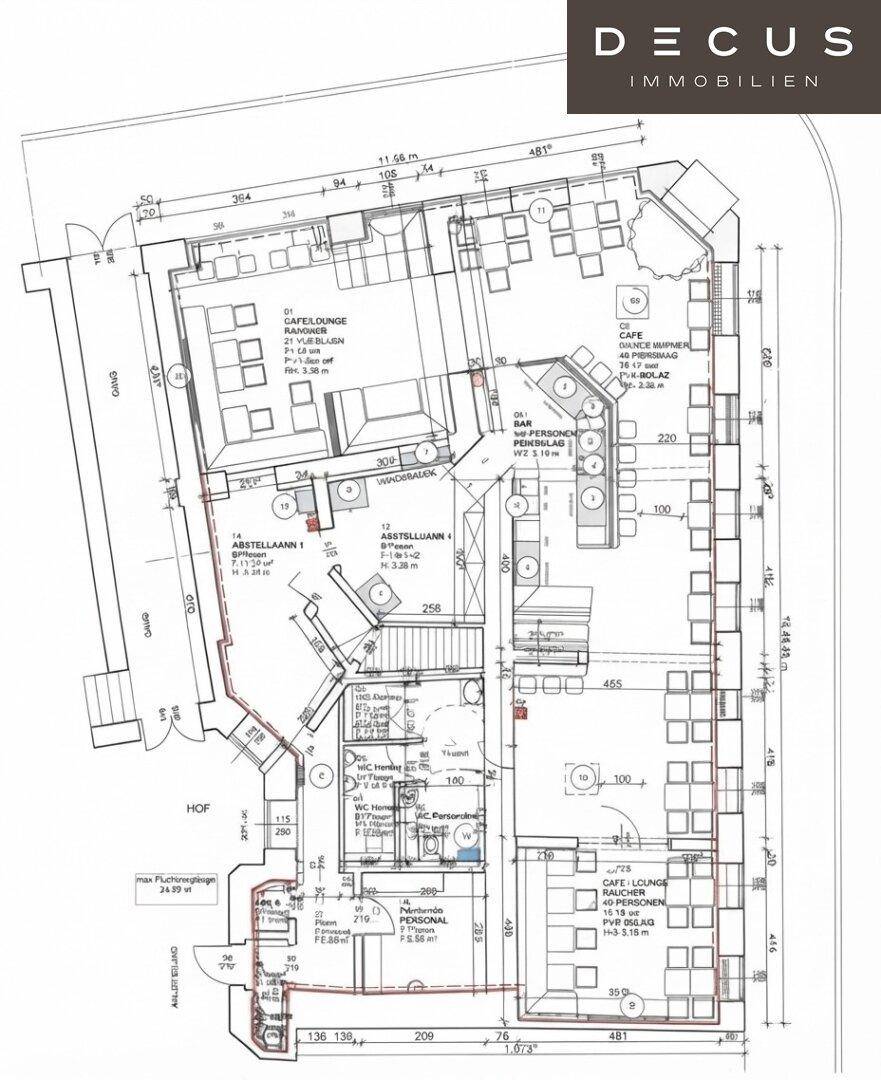 Detaillierter Grundrissplan eines Cafés mit Lounge-Bereichen, Bar und Personalräumen.