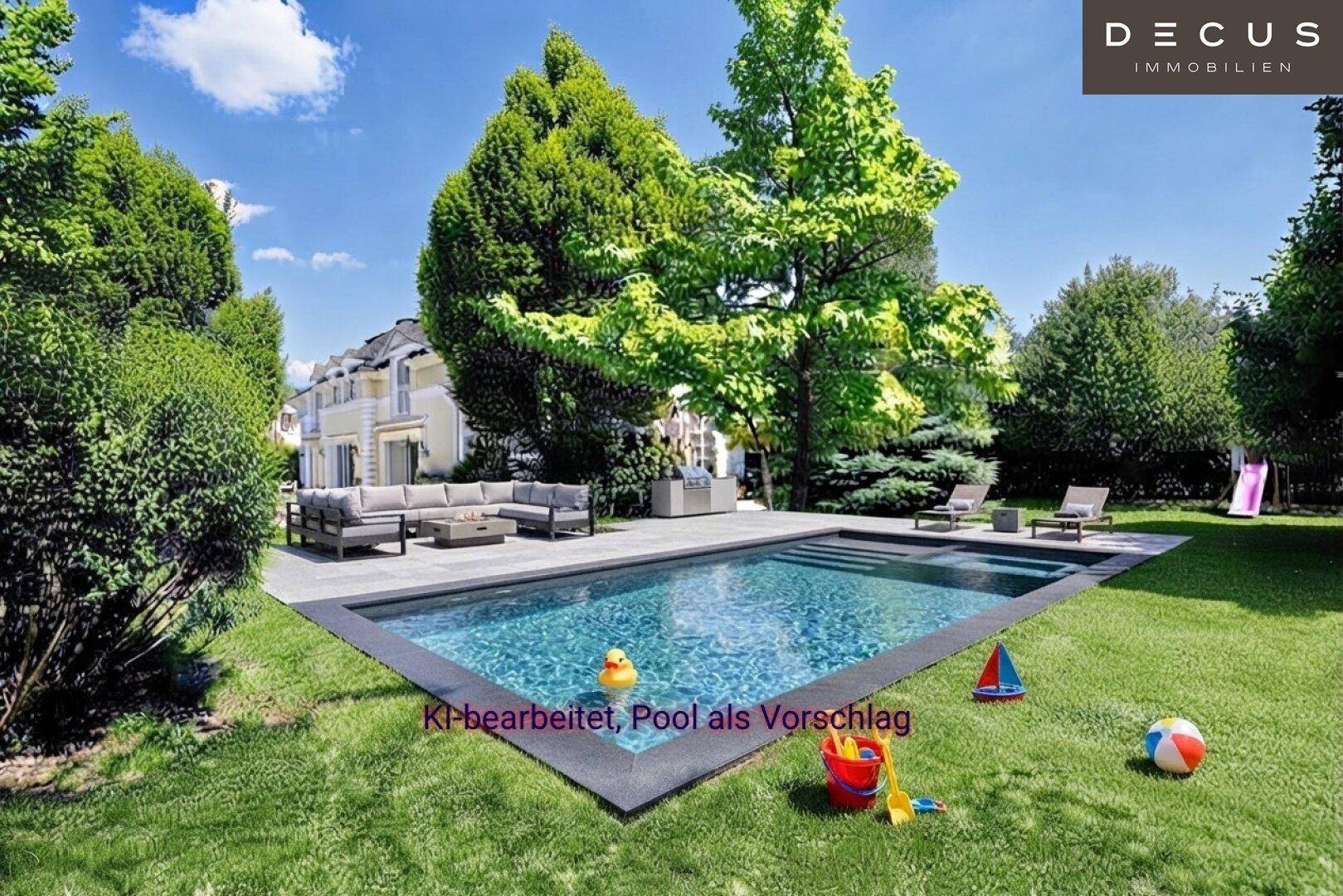 Großer Garten mit Swimmingpool, Liegeflächen und einem Spielbereich für Kinder.