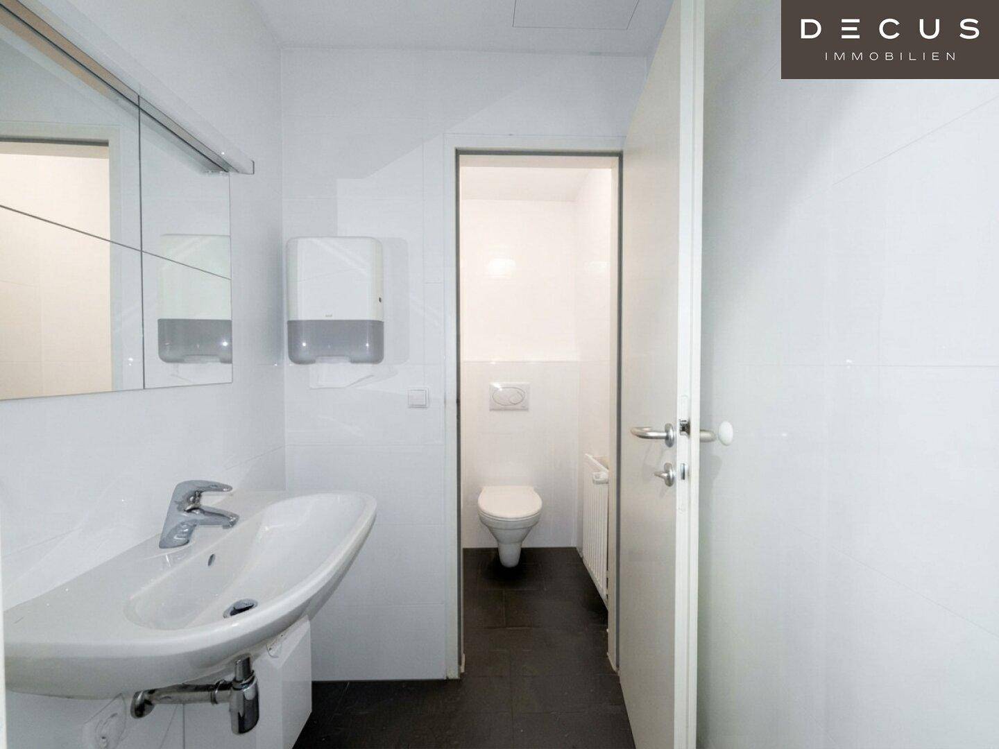 Helles Badezimmer mit Waschbecken, Spiegel und separatem WC-Bereich, ausgestattet mit dunklen Fliesen.