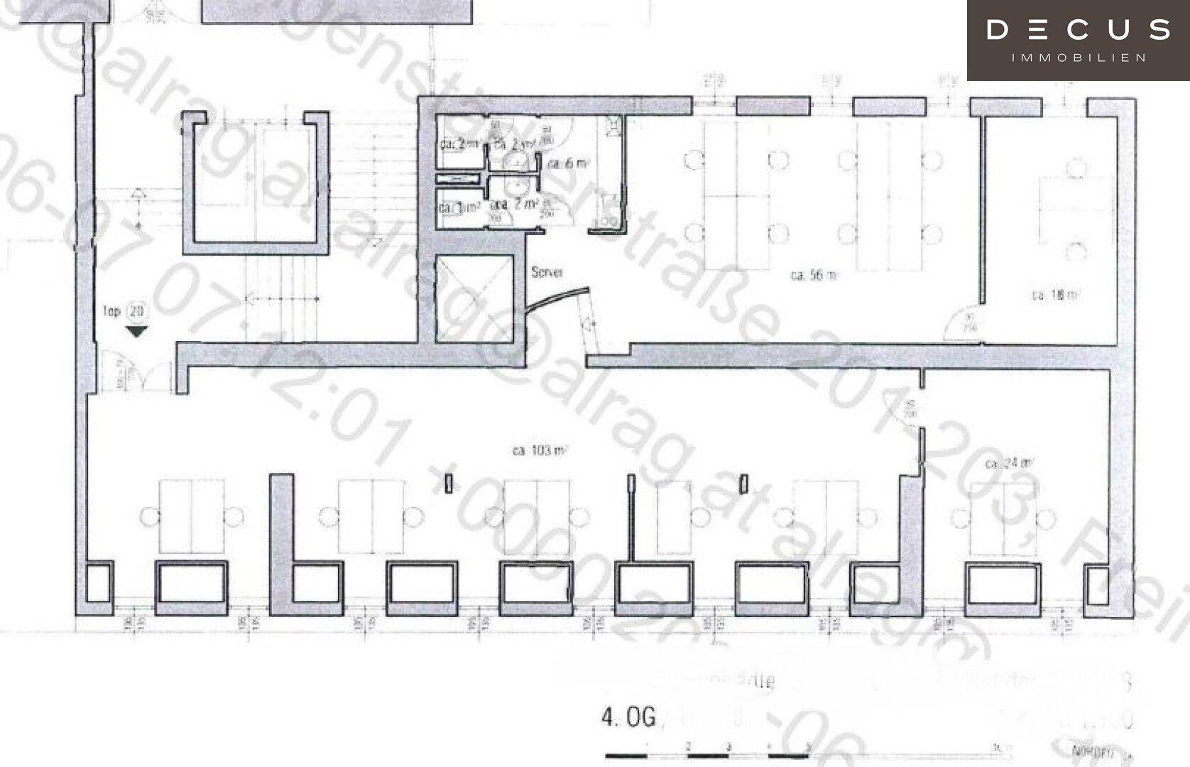 Grundriss des 4. Obergeschosses mit verschiedenen Büroräumen und einem Serverraum.