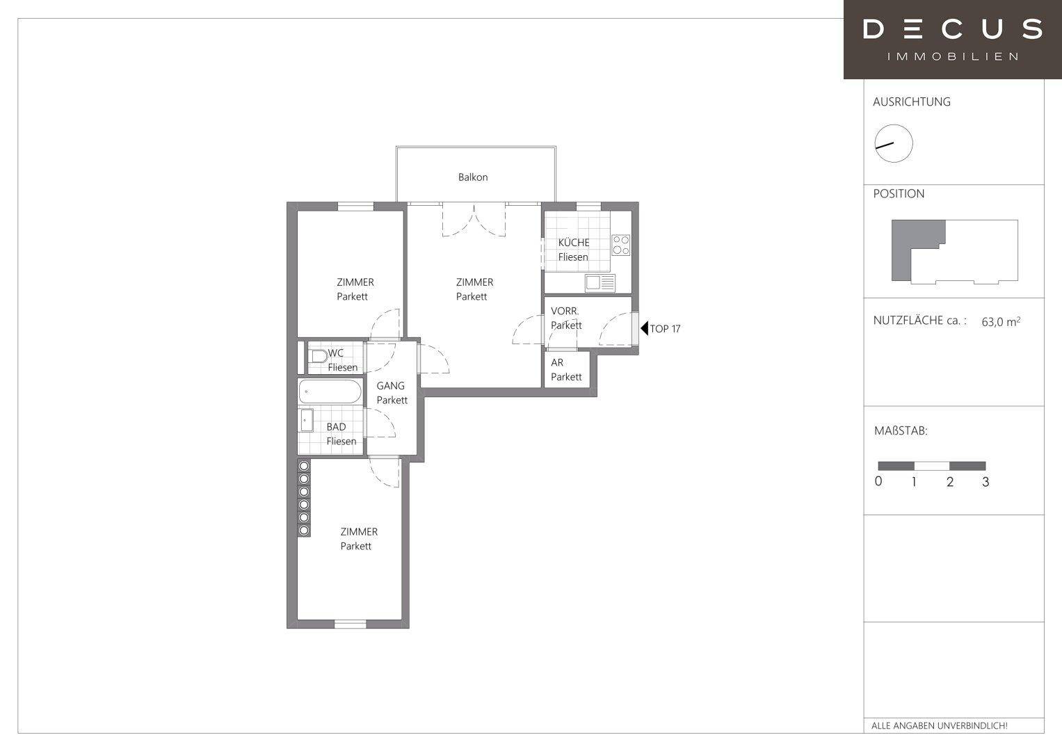 Grundriss der Wohnung mit drei Zimmern, separater Küche, Bad, WC und Balkon.