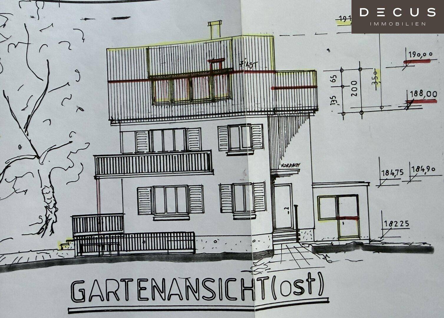 Handgezeichnete Gartenansicht des Hauses von Osten mit Balkonen und Fenstern.