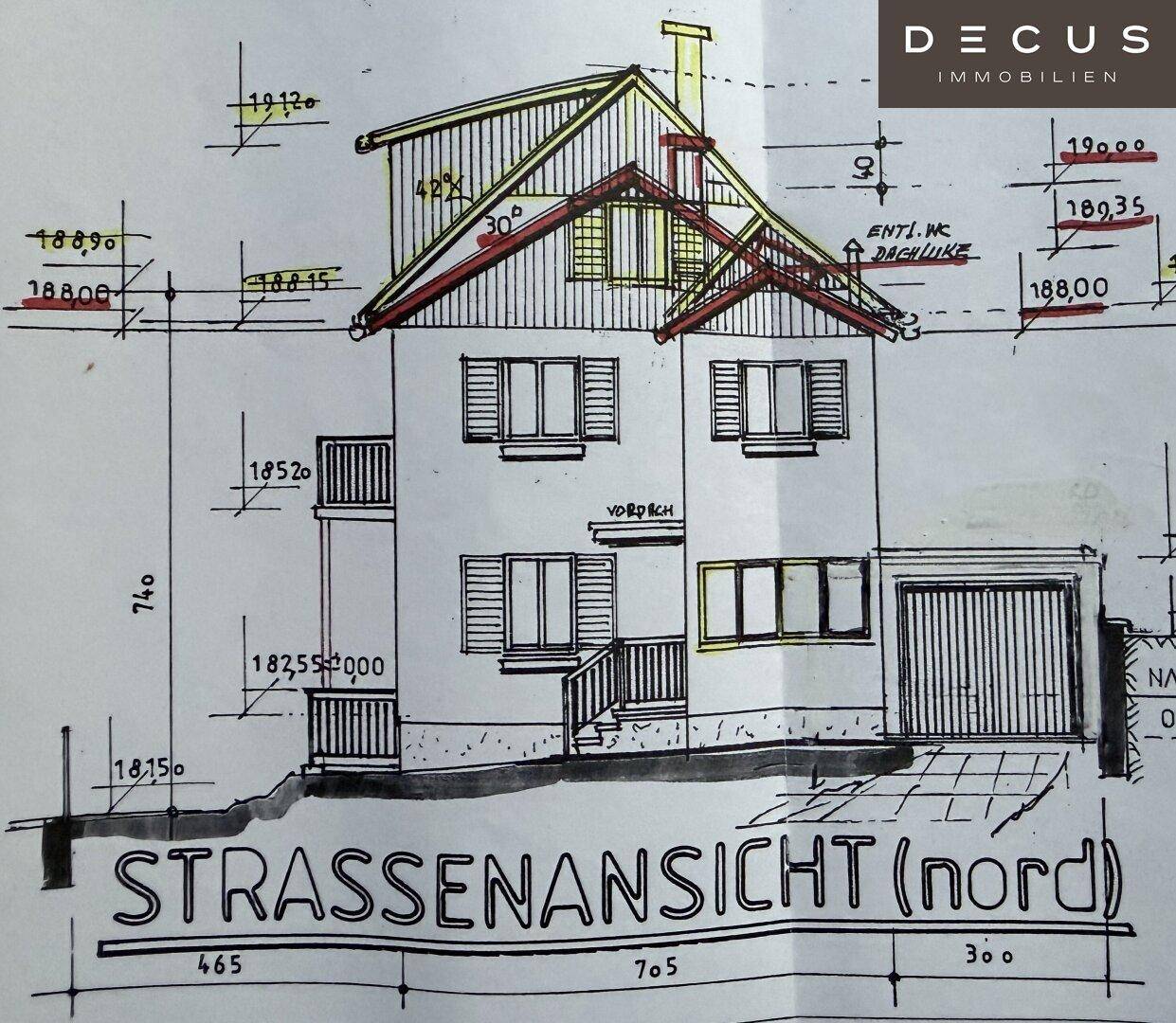 Handgezeichnete Straßenansicht des Hauses mit Garage und Fenstern.