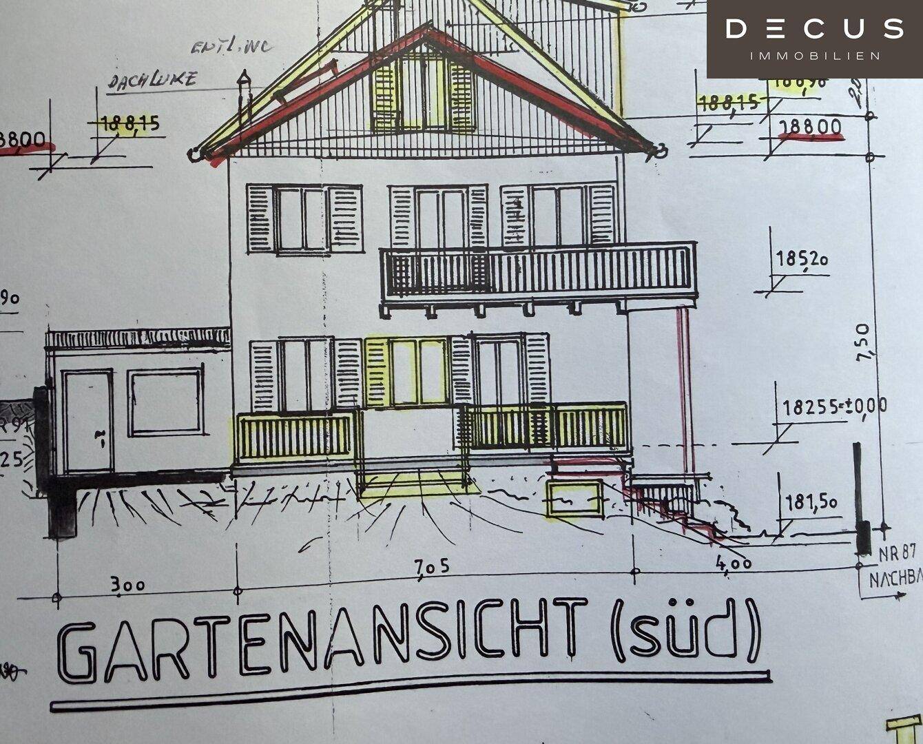 Gartenansicht (Süd) des Hauses mit Balkonen und Fenstern, detailliert dargestellt.