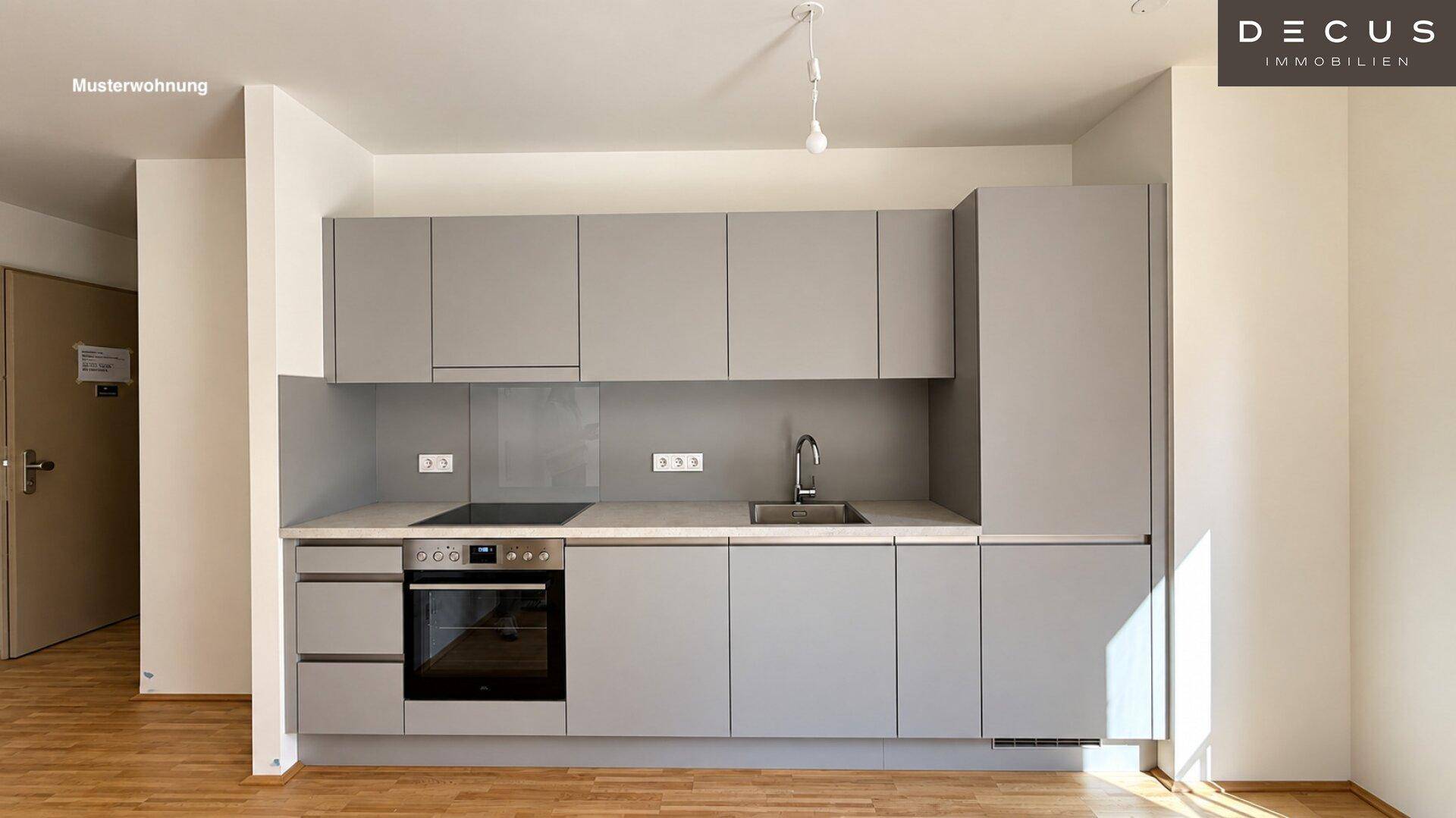 Moderne Einbauküche in Grau mit Induktionskochfeld, Backofen und Spüle in einer Musterwohnung.