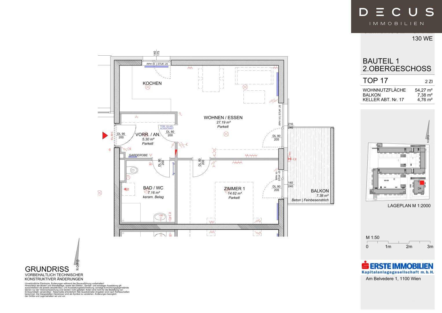 Grundriss einer Wohnung im 2. Obergeschoss mit Balkon und Kellerabteil.
