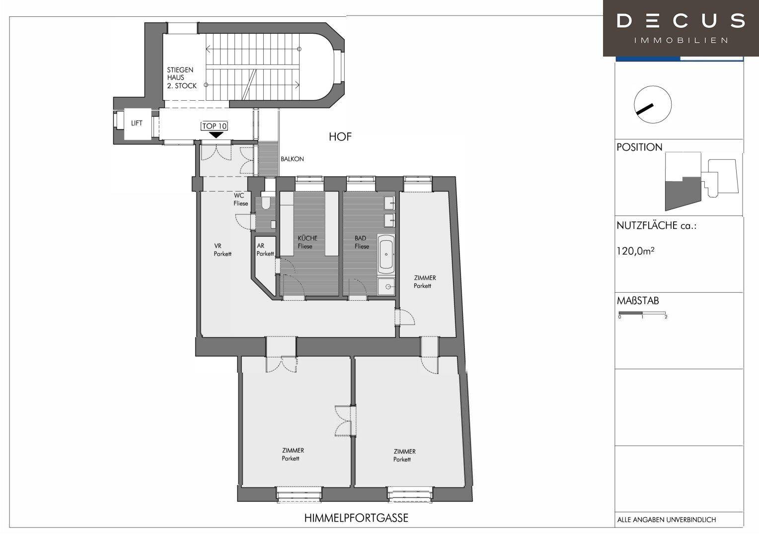 Detaillierter Grundriss der Wohnung mit 120,0 m² Nutzfläche und Balkon.