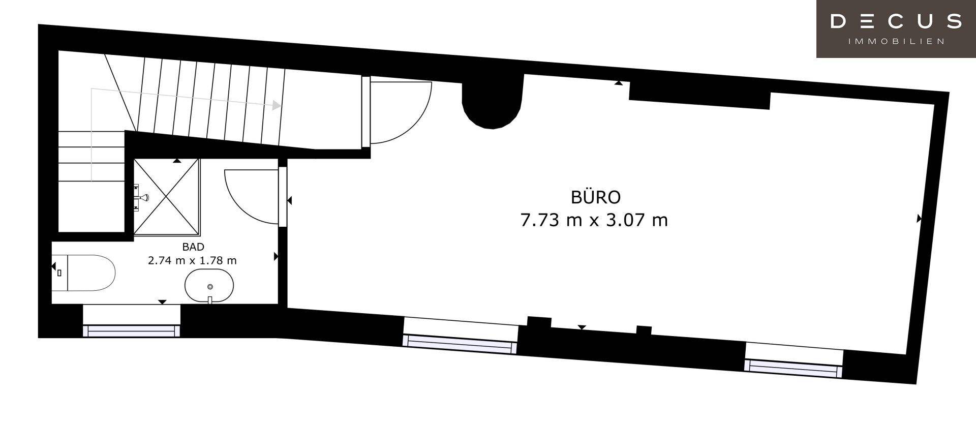 Grundrissplan zeigt ein Büro und ein Badezimmer mit Dusche und Fenster, verbunden durch eine Treppe.