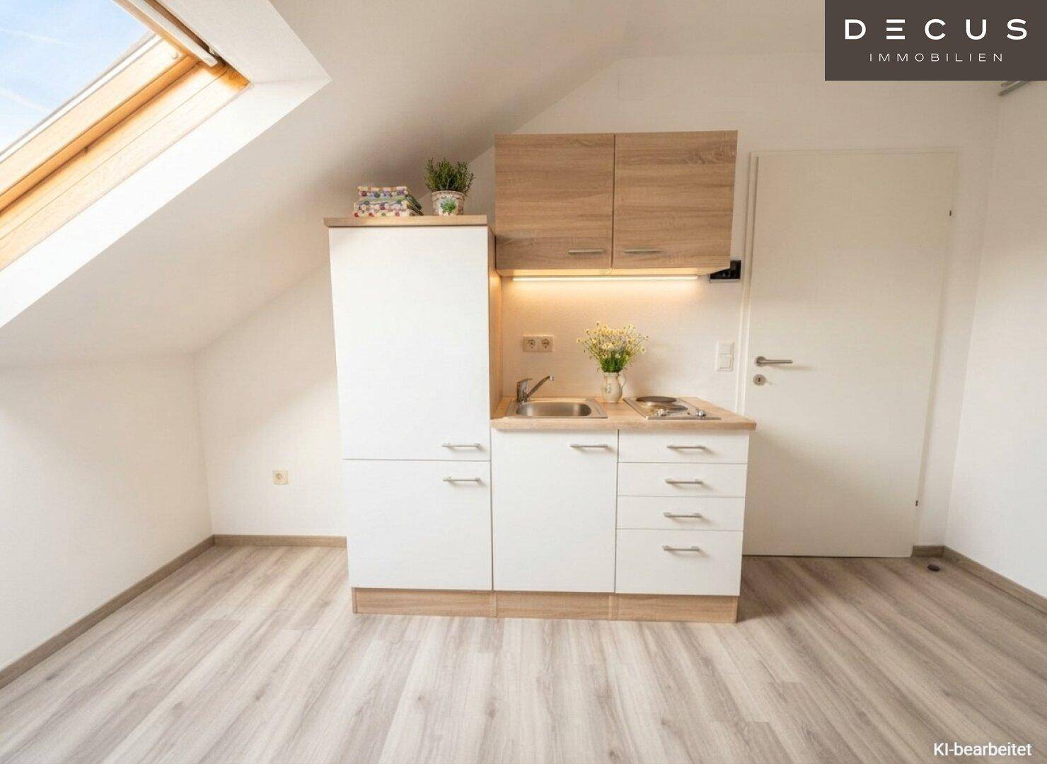 Kompakte Küchenzeile im Dachgeschoss mit hellen Schränken, integriertem Kochfeld und Kühlschrank unter einem Dachfenster.