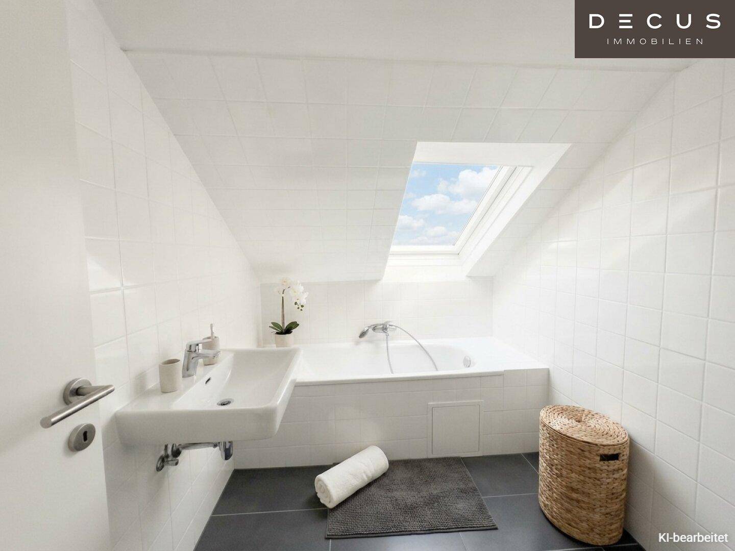 Helles Badezimmer im Dachgeschoss mit Badewanne, Waschbecken und Dachfenster für natürliche Belüftung.