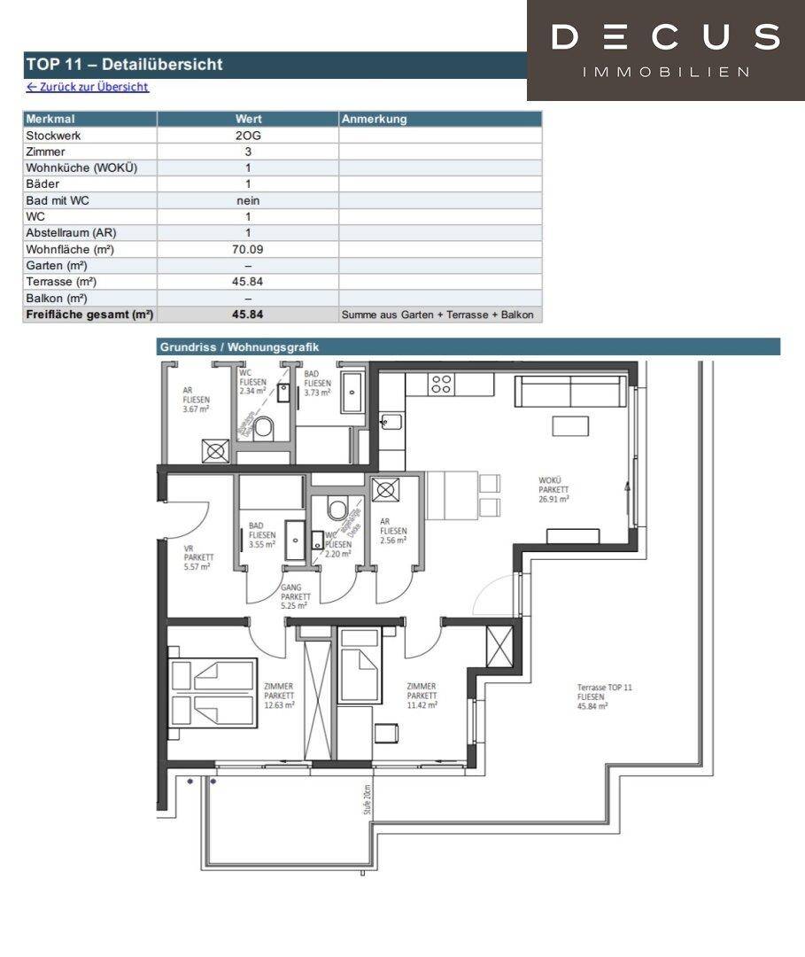 Detaillierter Grundriss der Wohnung mit Raumaufteilung und Flächenangaben für Top 11.