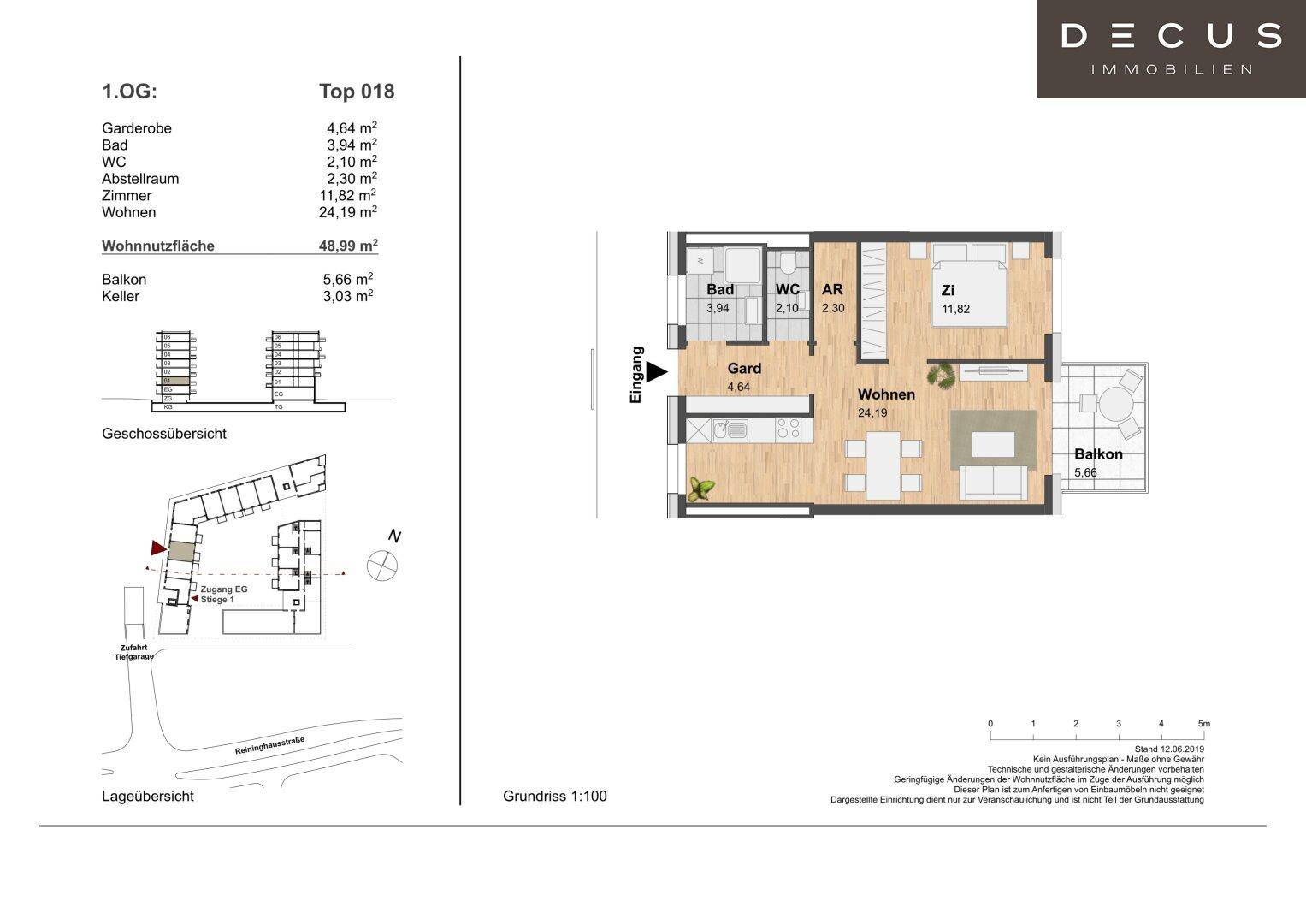 Grundriss der Wohnung mit Wohnbereich, Schlafzimmer, Bad, WC und Balkon.
