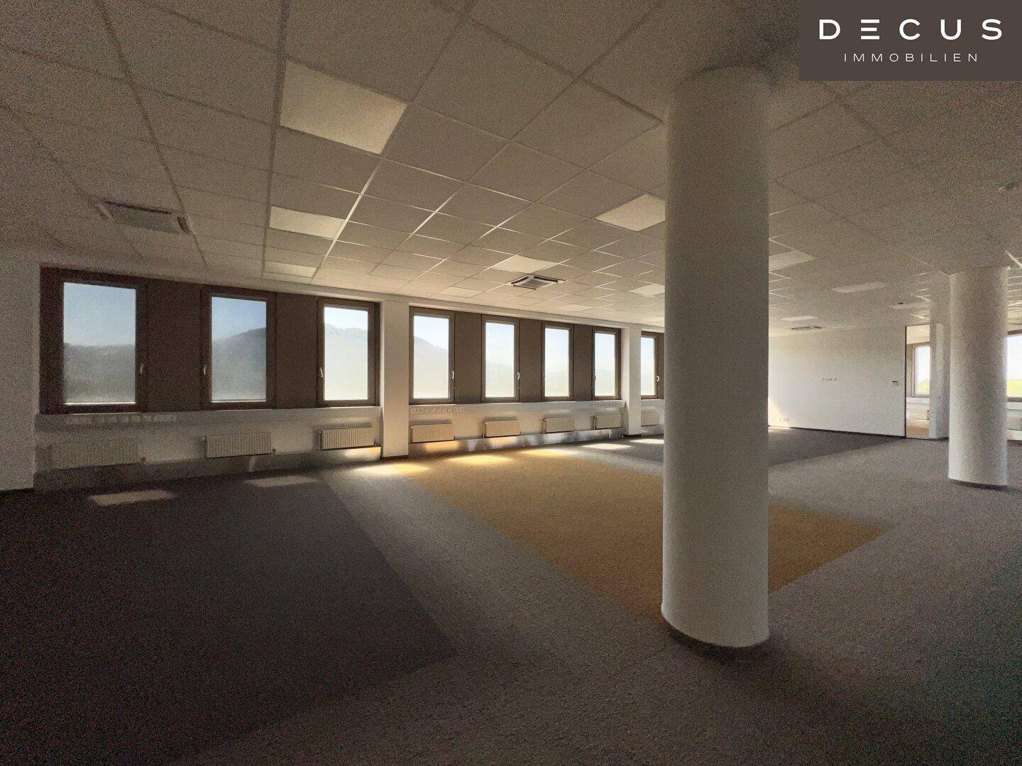 Großer, offener Bürobereich mit Teppichfliesen, tragenden Säulen und einer Reihe von Fenstern für Helligkeit.