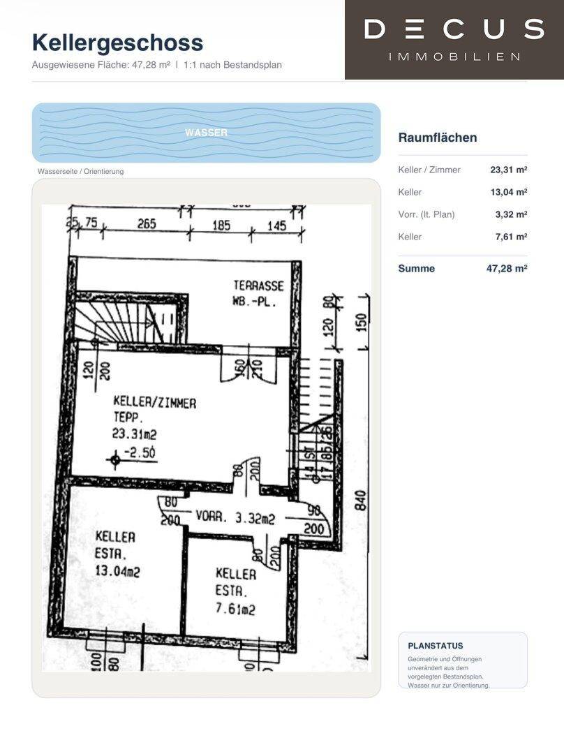 Grundriss des Kellergeschosses mit Kellerzimmer, Vorraum und Terrasse.