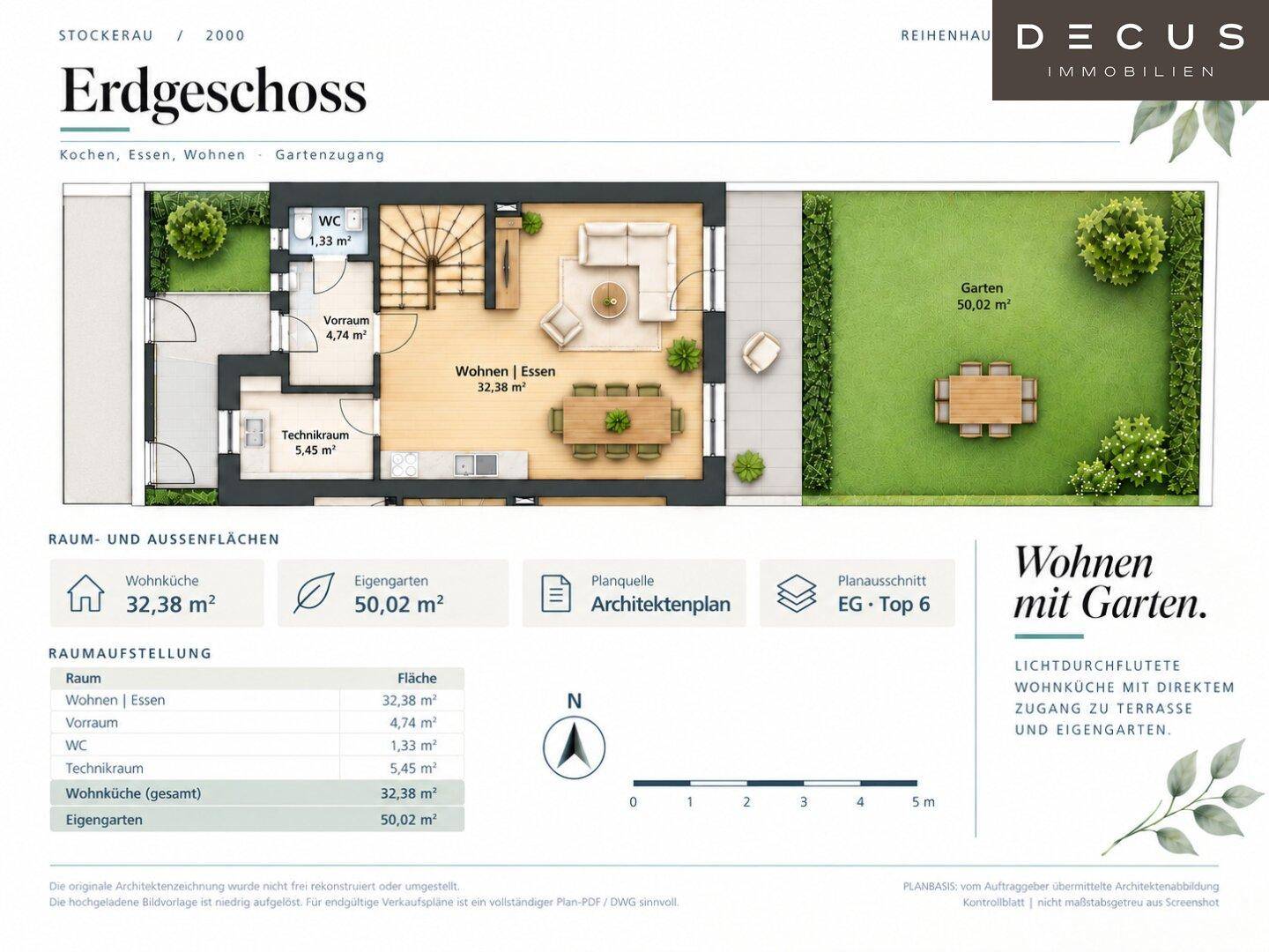 Grundriss des Erdgeschosses mit offenem Wohn-Essbereich, Küche, WC und direktem Zugang zu Terrasse und Garten.