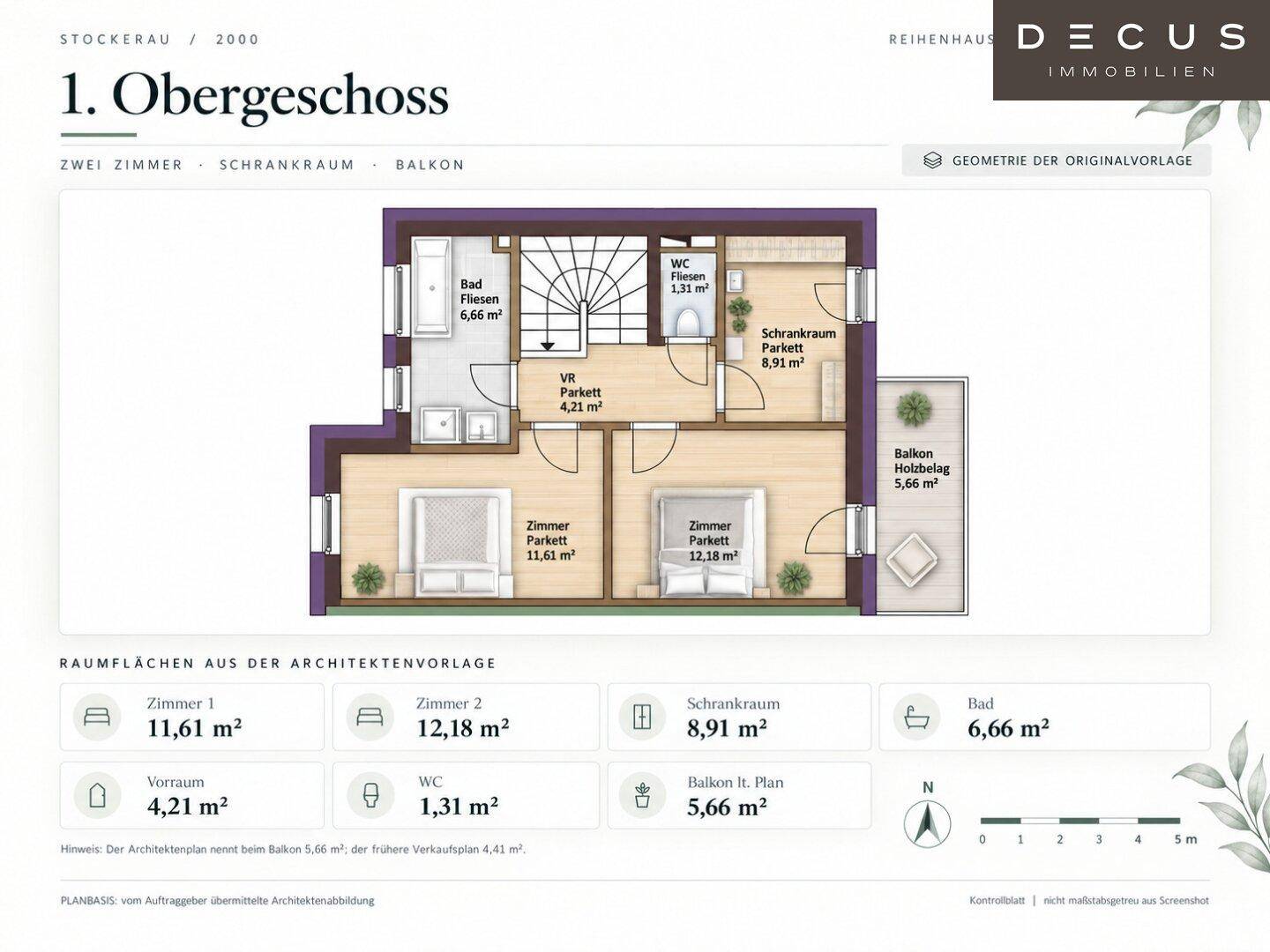 Grundriss des ersten Obergeschosses mit zwei Schlafzimmern, Bad, separatem WC, Schrankraum und Balkon.