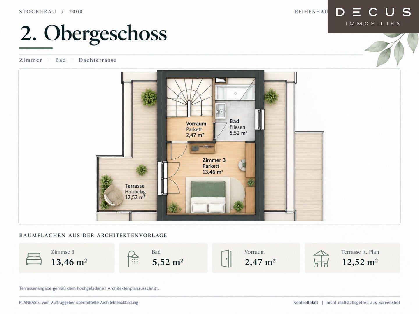 Grundriss des zweiten Obergeschosses mit einem Schlafzimmer, Bad und einer großzügigen Dachterrasse.
