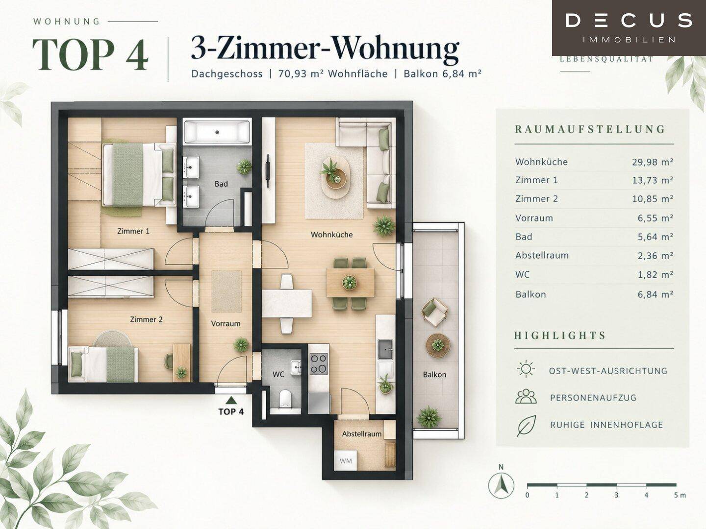Grundriss einer 3-Zimmer-Wohnung im Dachgeschoss mit offenem Wohnbereich, Balkon und zwei Bädern.