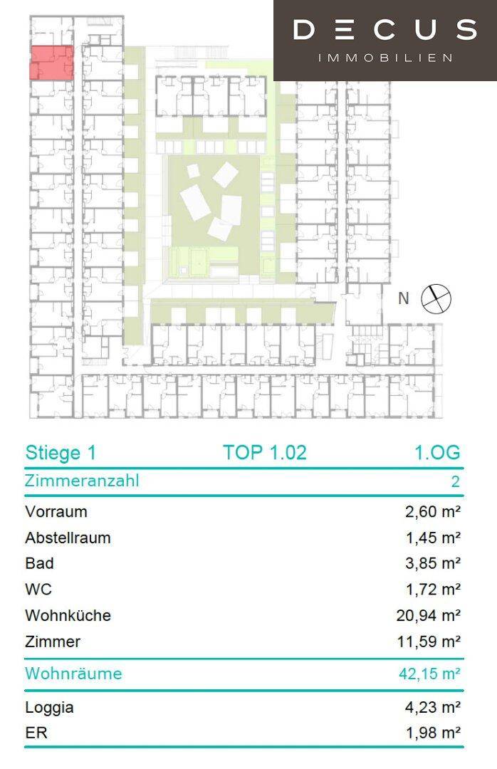 Übersichtlicher Grundriss des Stockwerks mit hervorgehobener Wohnung und Flächenangaben.