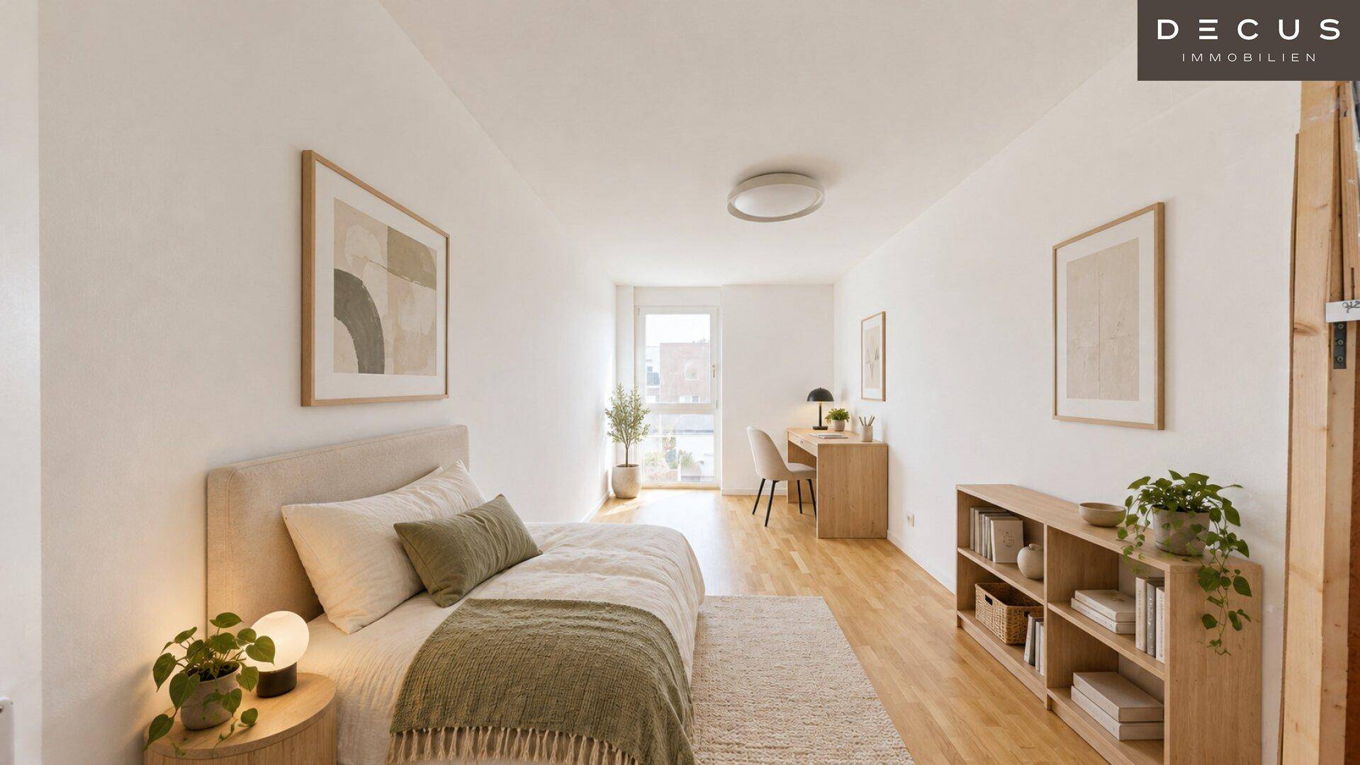 Modern eingerichtetes Schlafzimmer mit Holzboden, Bücherregal und großem Fenster.