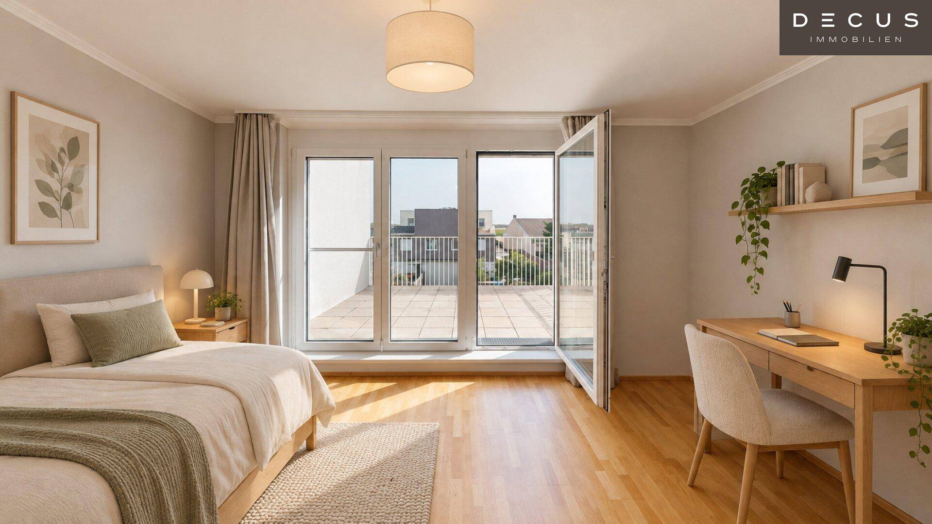 Helles Schlafzimmer mit Holzboden, Schreibtisch und direktem Zugang zur großen Terrasse.