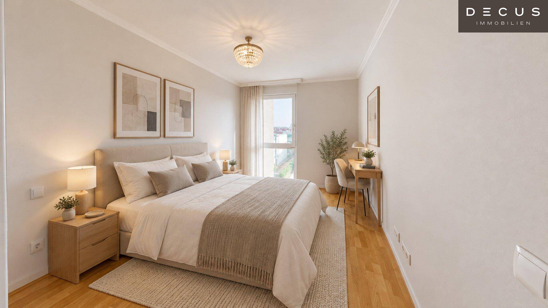 Gemütliches Schlafzimmer mit Holzboden, großem Fenster und moderner Einrichtung.