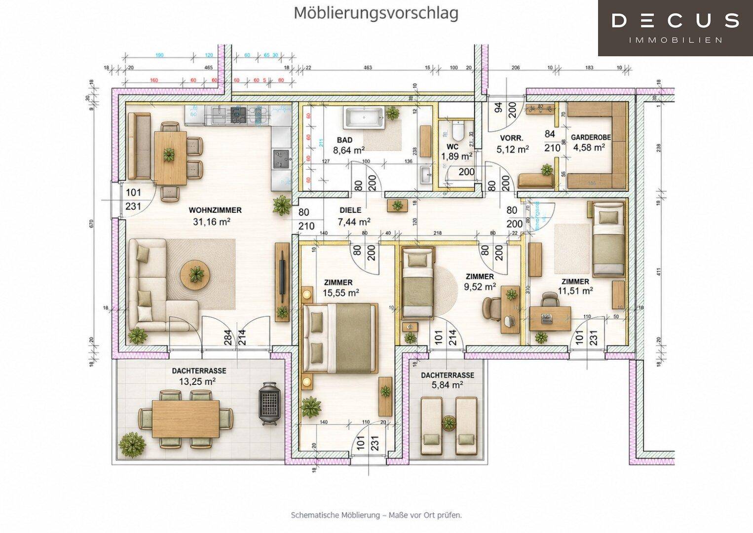 Möblierter Grundriss mit offenem Wohnbereich, drei Schlafzimmern, zwei Bädern und zwei Dachterrassen.
