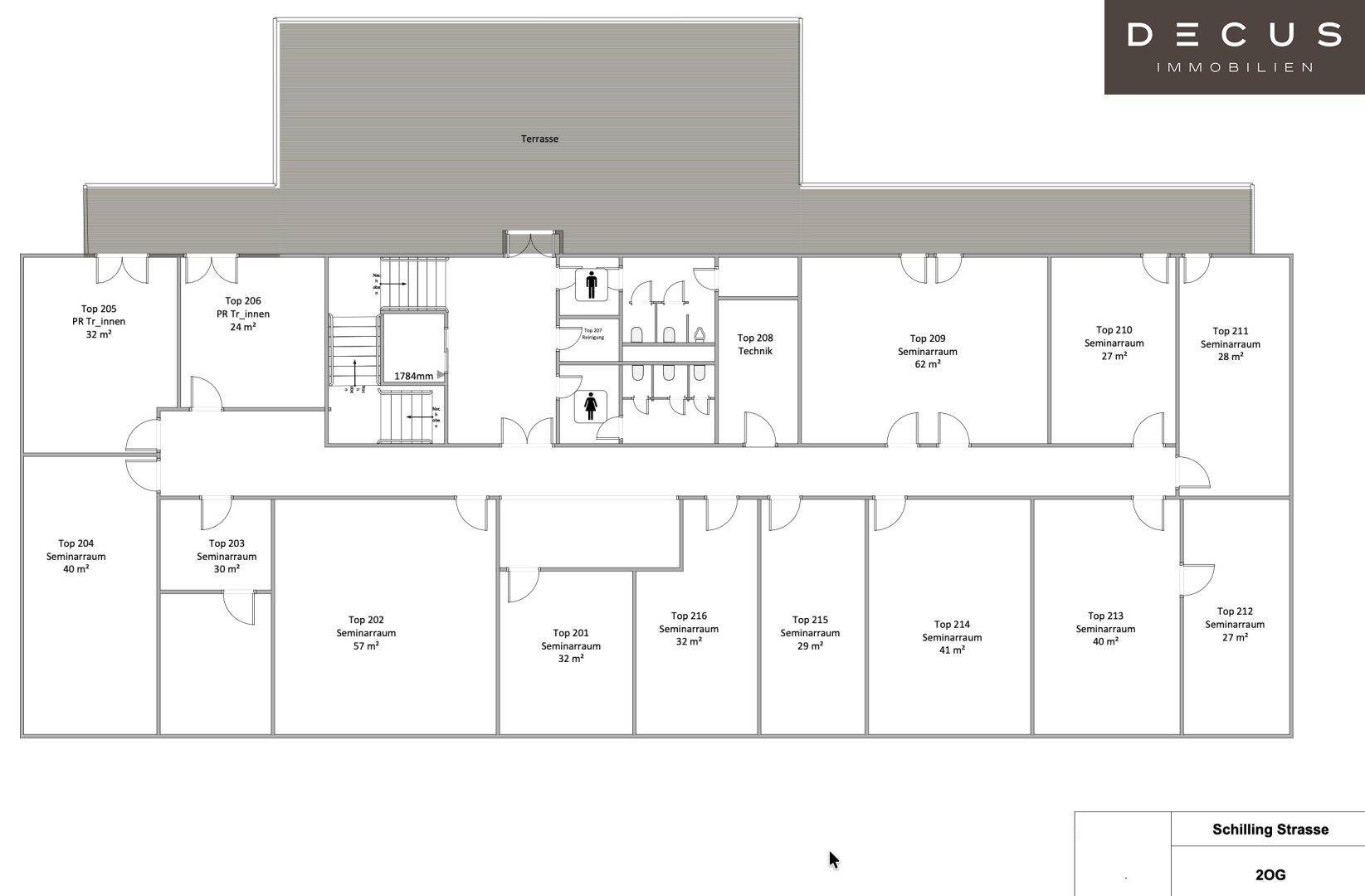 Grundriss des zweiten Obergeschosses mit Seminarräumen, Technik und einer großen Terrasse.