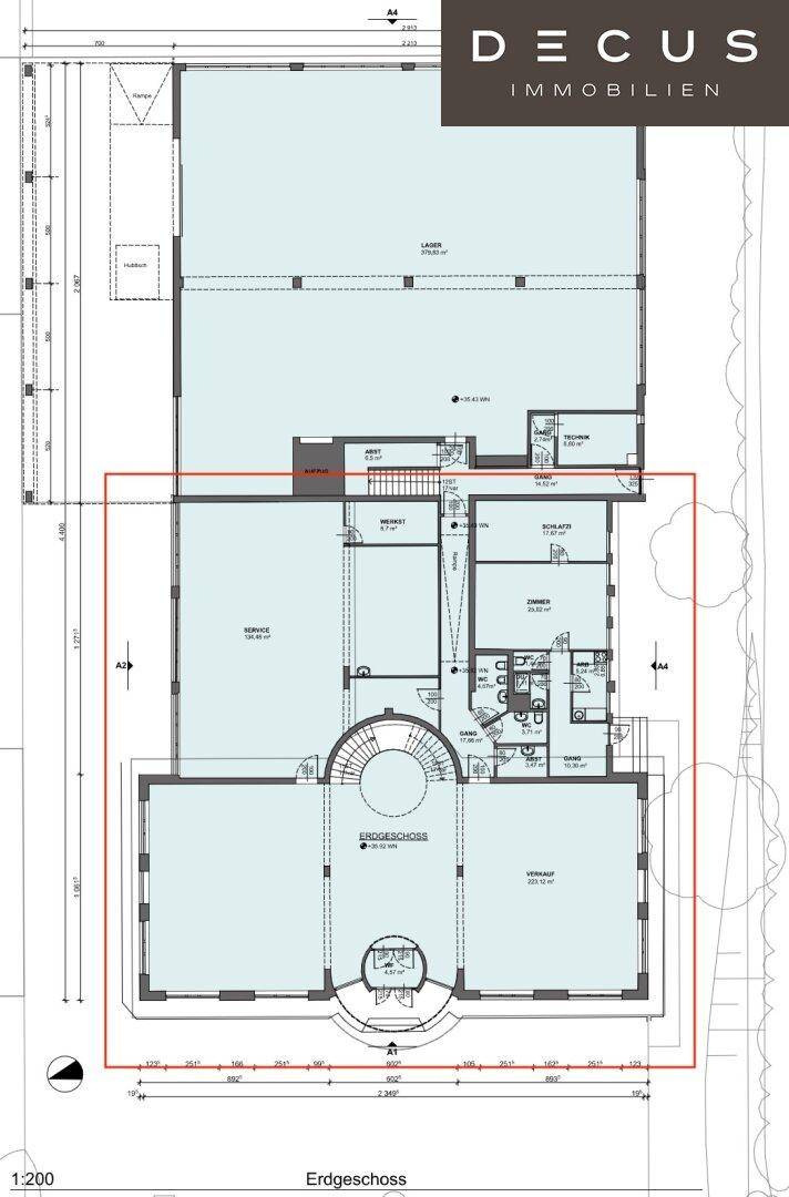 Grundriss des Erdgeschosses mit Lagerflächen und Bürobereichen.
