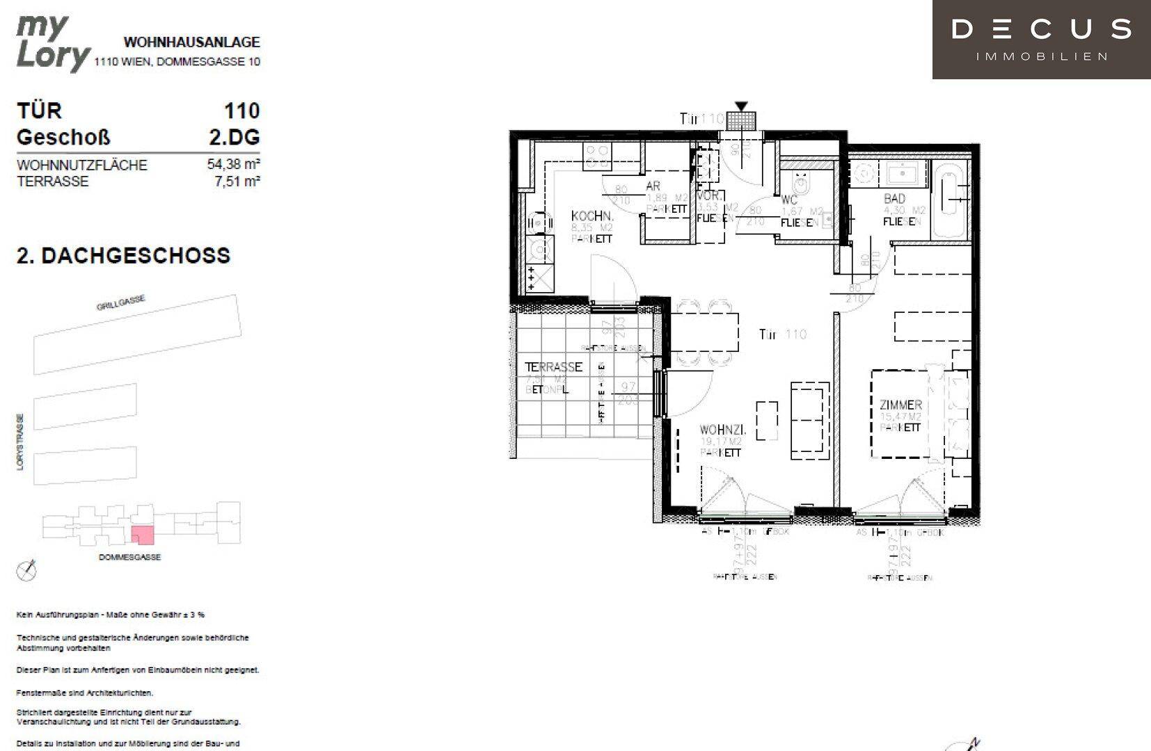 Grundriss einer Dachgeschosswohnung mit offener Küche, Wohnzimmer, Schlafzimmer und Terrasse.