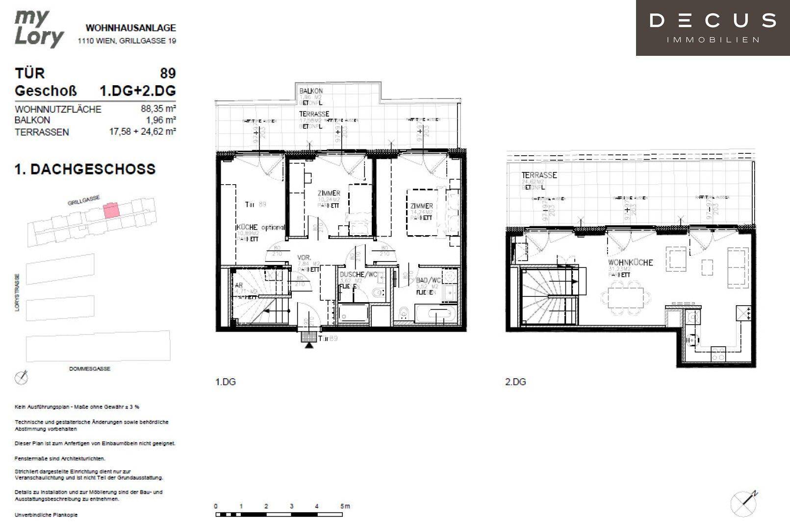 Grundriss einer Maisonette-Wohnung mit Dachgeschoss und Terrassen.
