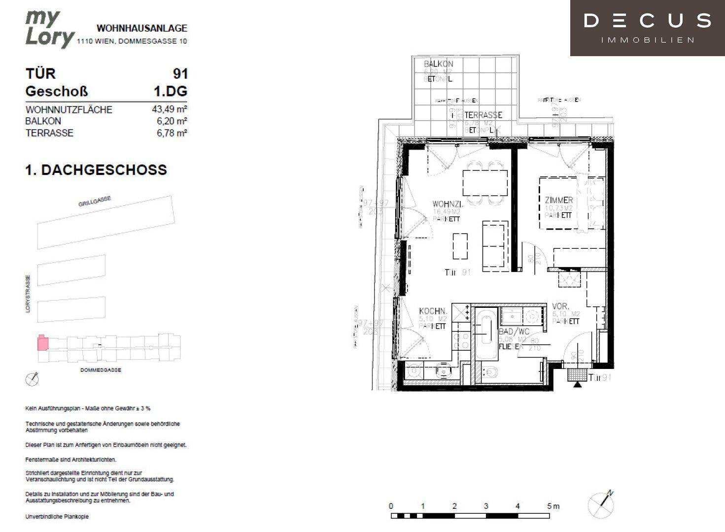Grundriss einer Dachgeschosswohnung mit Wohnzimmer, Schlafzimmer, Bad und Terrasse.