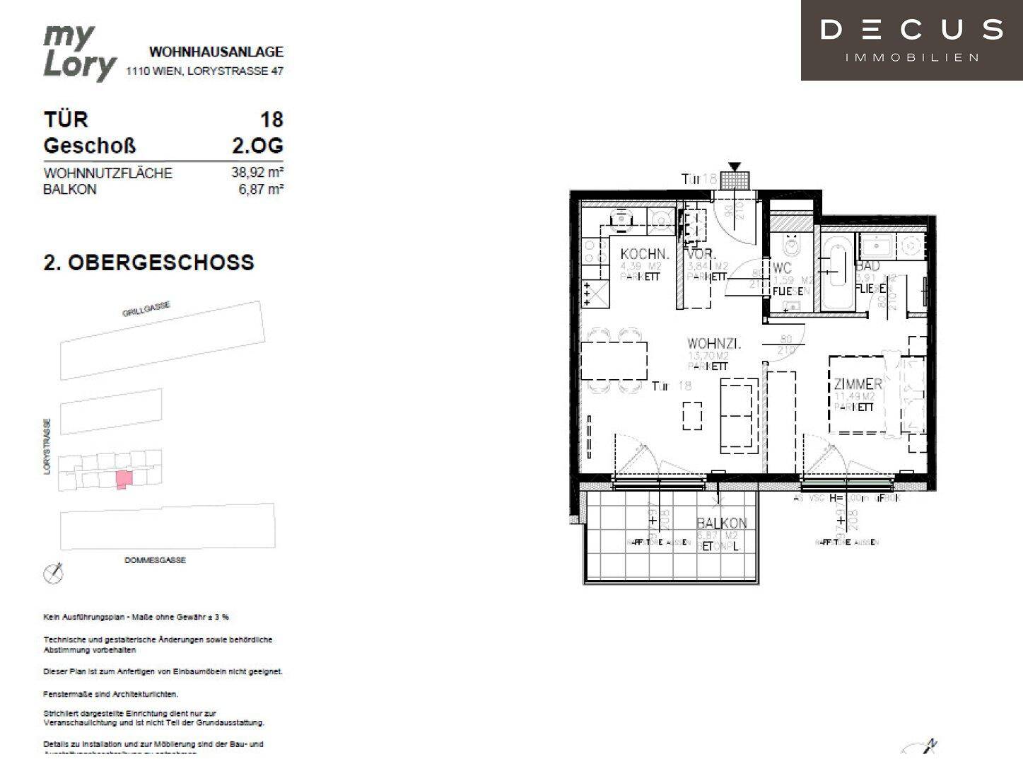Grundriss einer Wohnung im zweiten Obergeschoss mit Balkon, Wohnzimmer, Schlafzimmer und Küche.