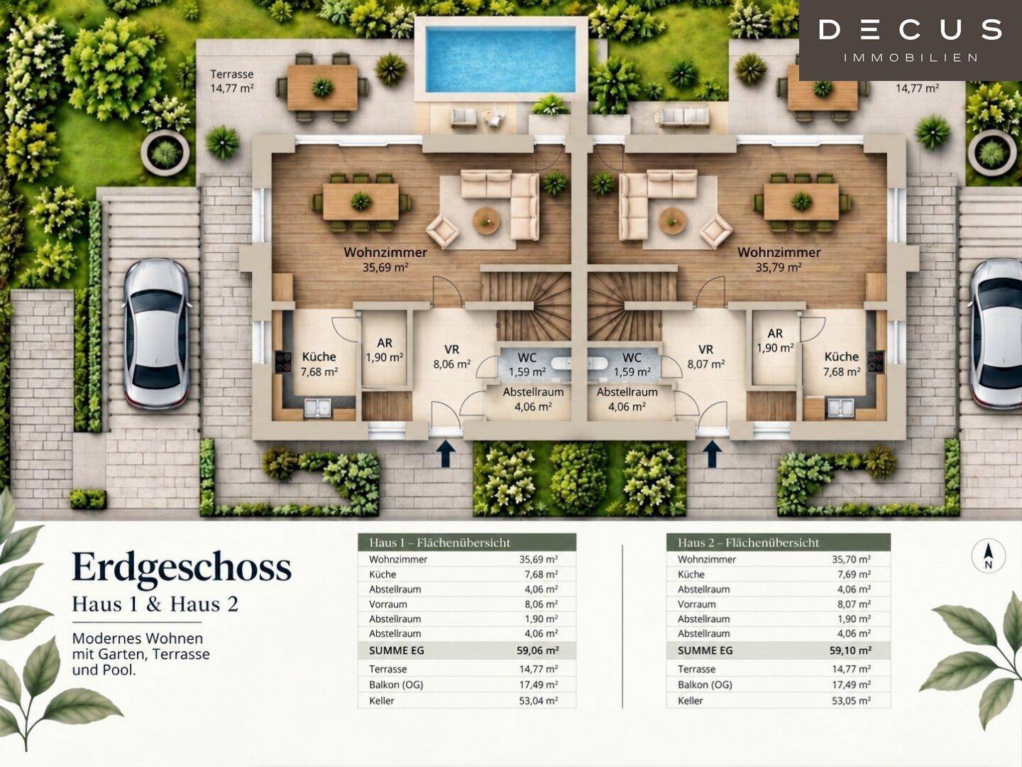 Grundriss des Erdgeschosses mit Wohnzimmer, Küche, Terrasse und Poolbereich.