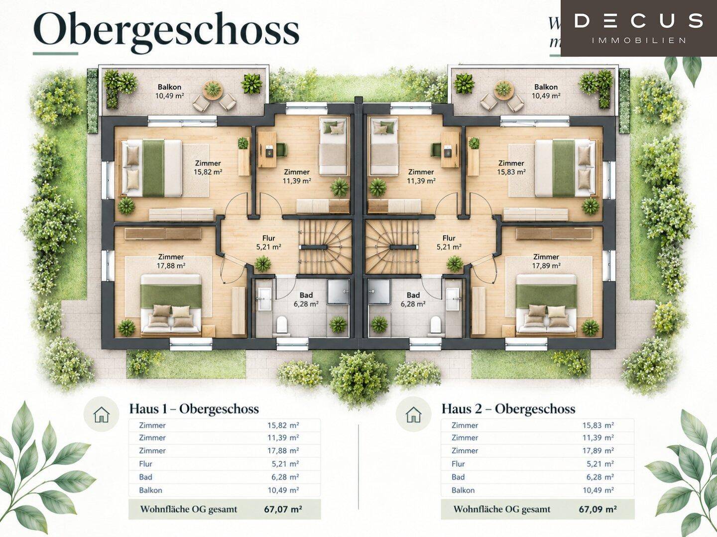 Grundriss des Obergeschosses mit Schlafzimmern, Bädern und Balkonen für beide Wohneinheiten.