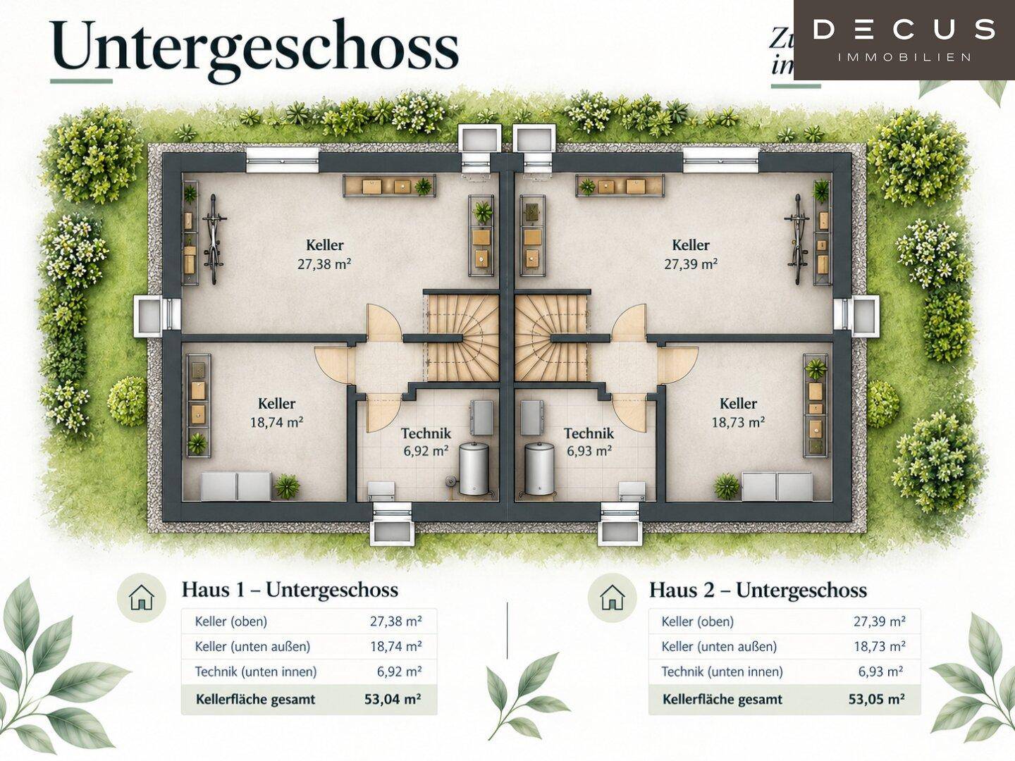 Grundriss des Untergeschosses mit Kellerabteilen und Technikräumen für beide Häuser.