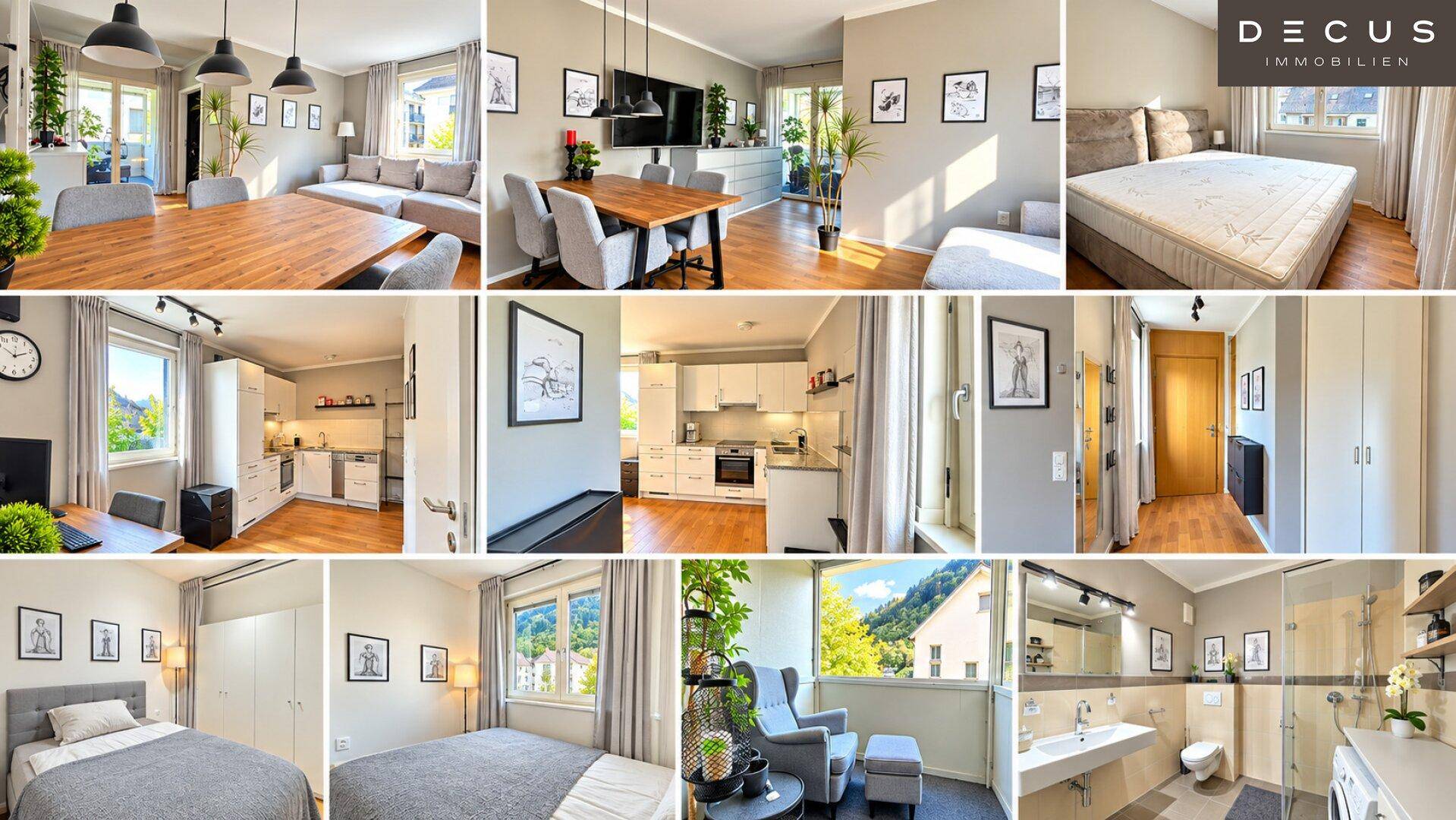 Übersichtliche Collage der Wohnräume, inklusive Essbereich, Schlafzimmer, Küche und Badezimmer.