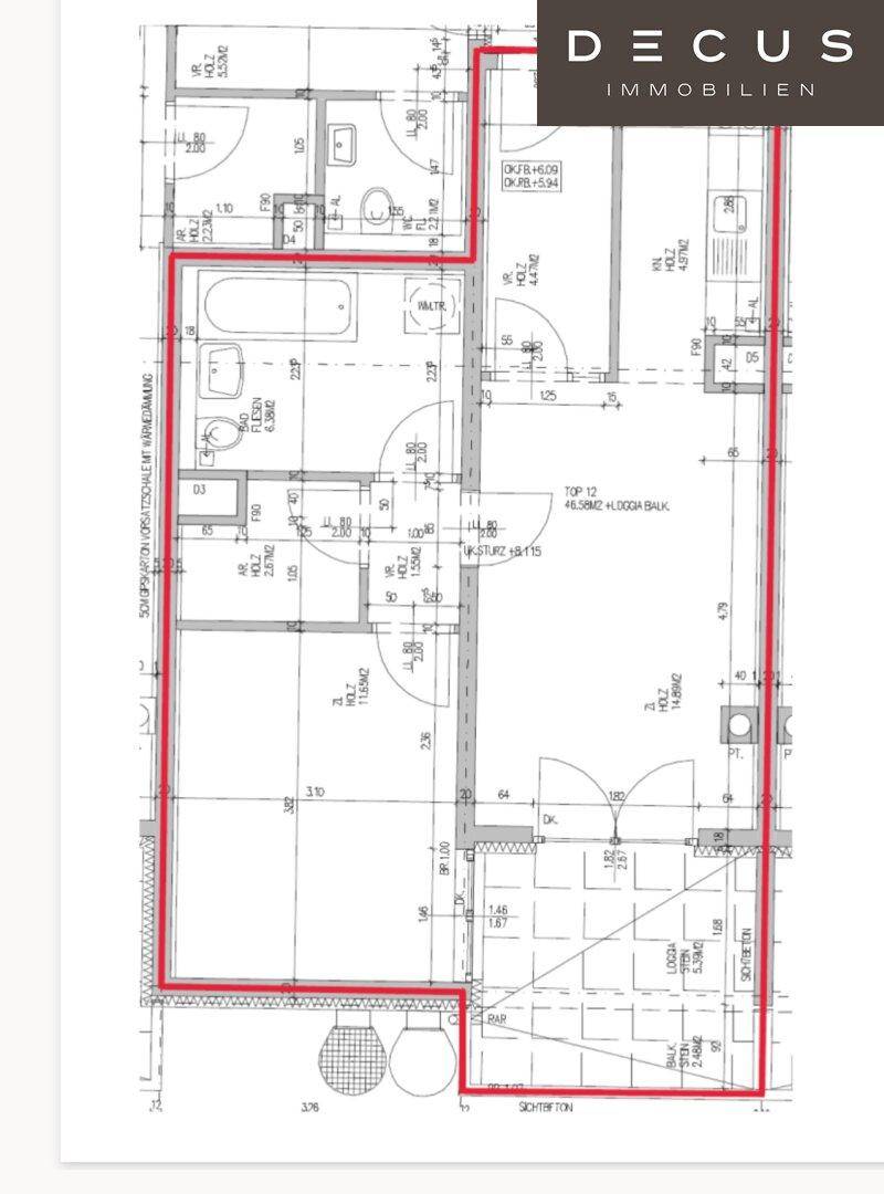 Grundriss einer Wohnung mit mehreren Zimmern, einem Badezimmer, separatem WC, Loggia und Balkon.