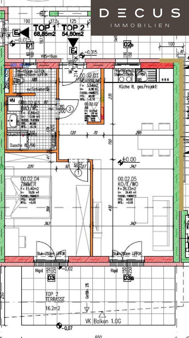 Detaillierter Grundrissplan einer Wohnung mit Terrasse und Balkon.