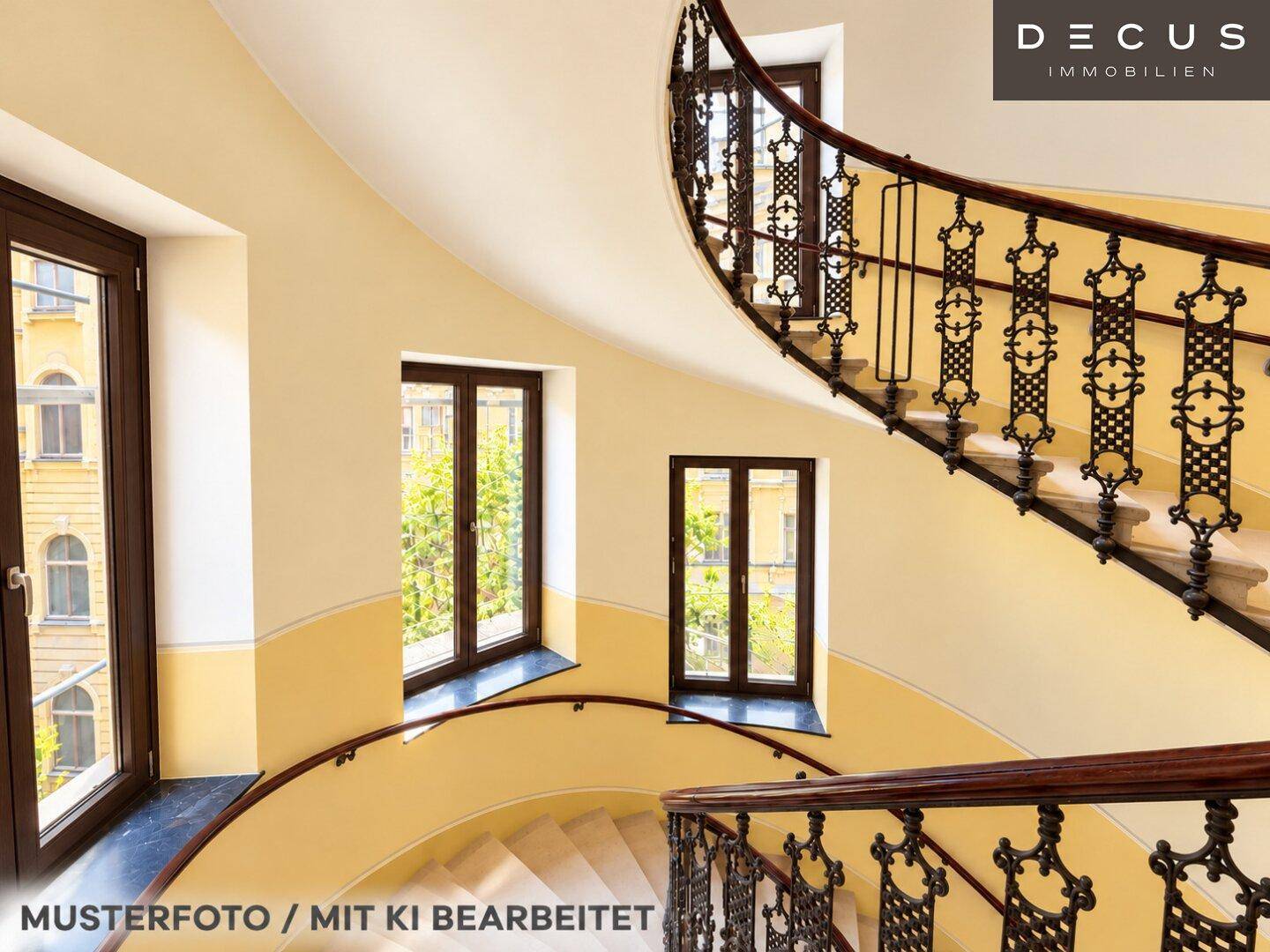 Elegantes Treppenhaus mit geschwungener Treppe, schmiedeeisernem Geländer und großen Fenstern.
