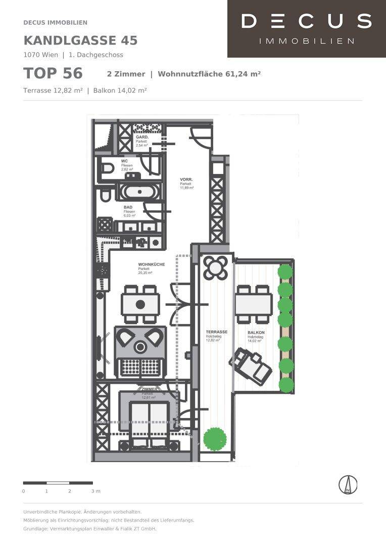Grundriss einer 2-Zimmer-Wohnung im Dachgeschoss mit Terrasse und Balkon.