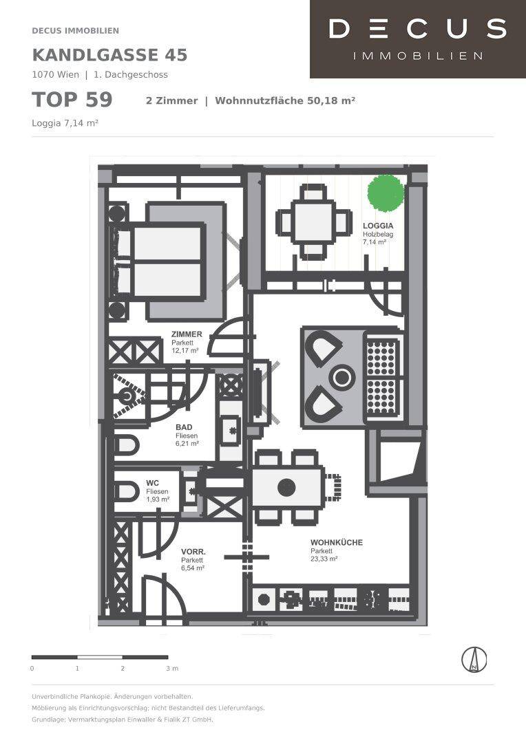 Grundriss der Wohnung Top 59 mit 2 Zimmern, Wohnküche und Loggia auf 50,18 m² Wohnfläche.