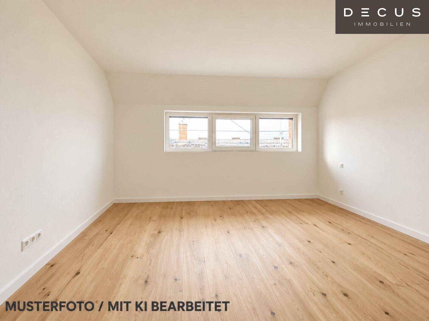 Helles Zimmer mit Holzboden und drei Fenstern, ideal als Schlaf- oder Arbeitszimmer.