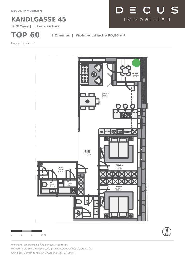 Grundrissplan einer 3-Zimmer-Wohnung mit Loggia und einer Wohnnutzfläche von 90,56 m².