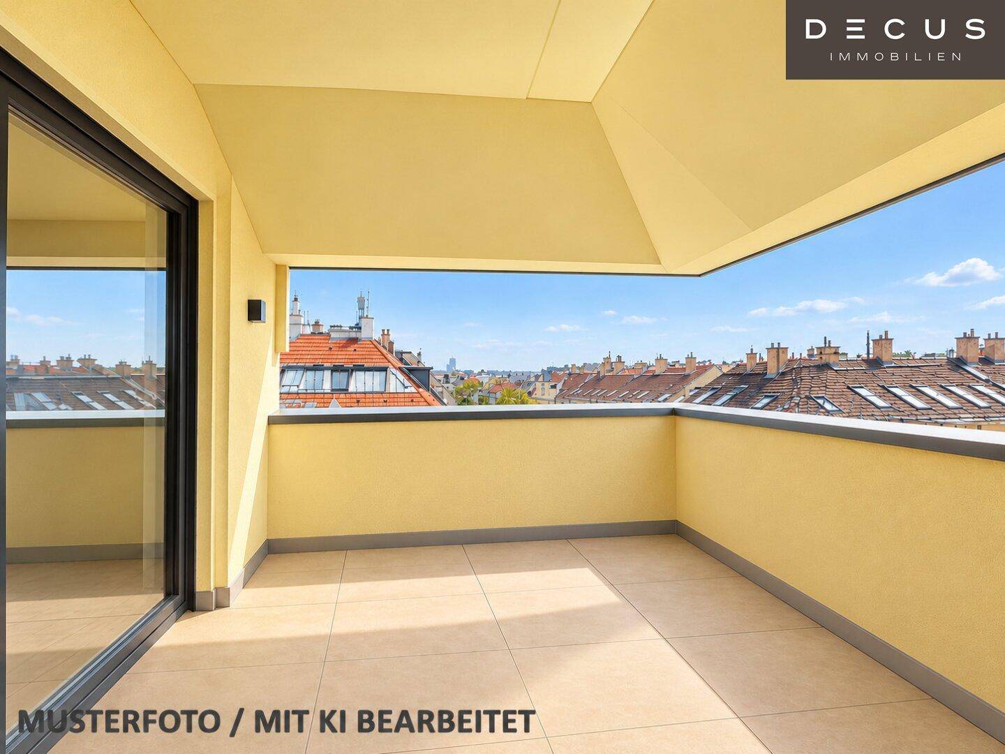 Geräumiger Balkon mit Fliesenboden und weitem Blick über die Dächer der Stadt.