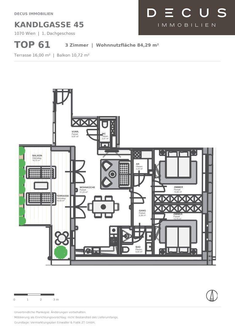 Grundriss einer Wohnung mit drei Zimmern, Terrasse und Balkon im Dachgeschoss.