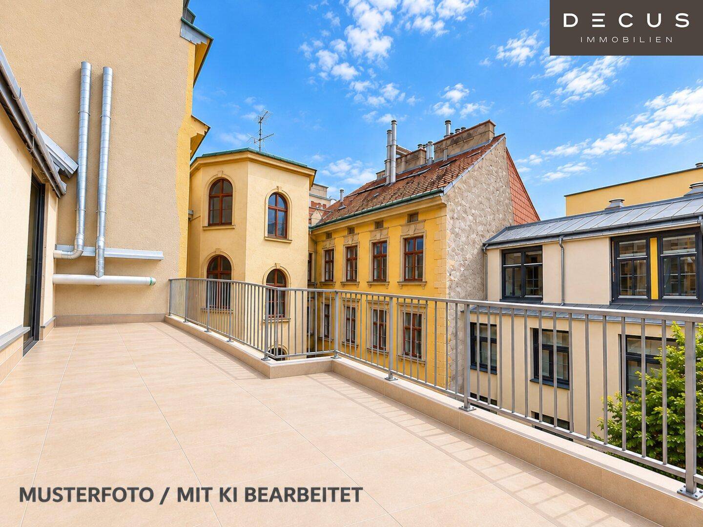 Geräumige Dachterrasse mit Fliesenboden und Blick auf die historische Stadtarchitektur.